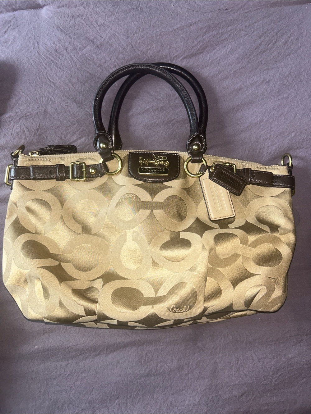 Coach Beige Signature Satchel with Dark Brown Leather Trim